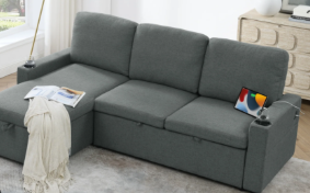 Grey Corner Sofa Bed with Cupholders