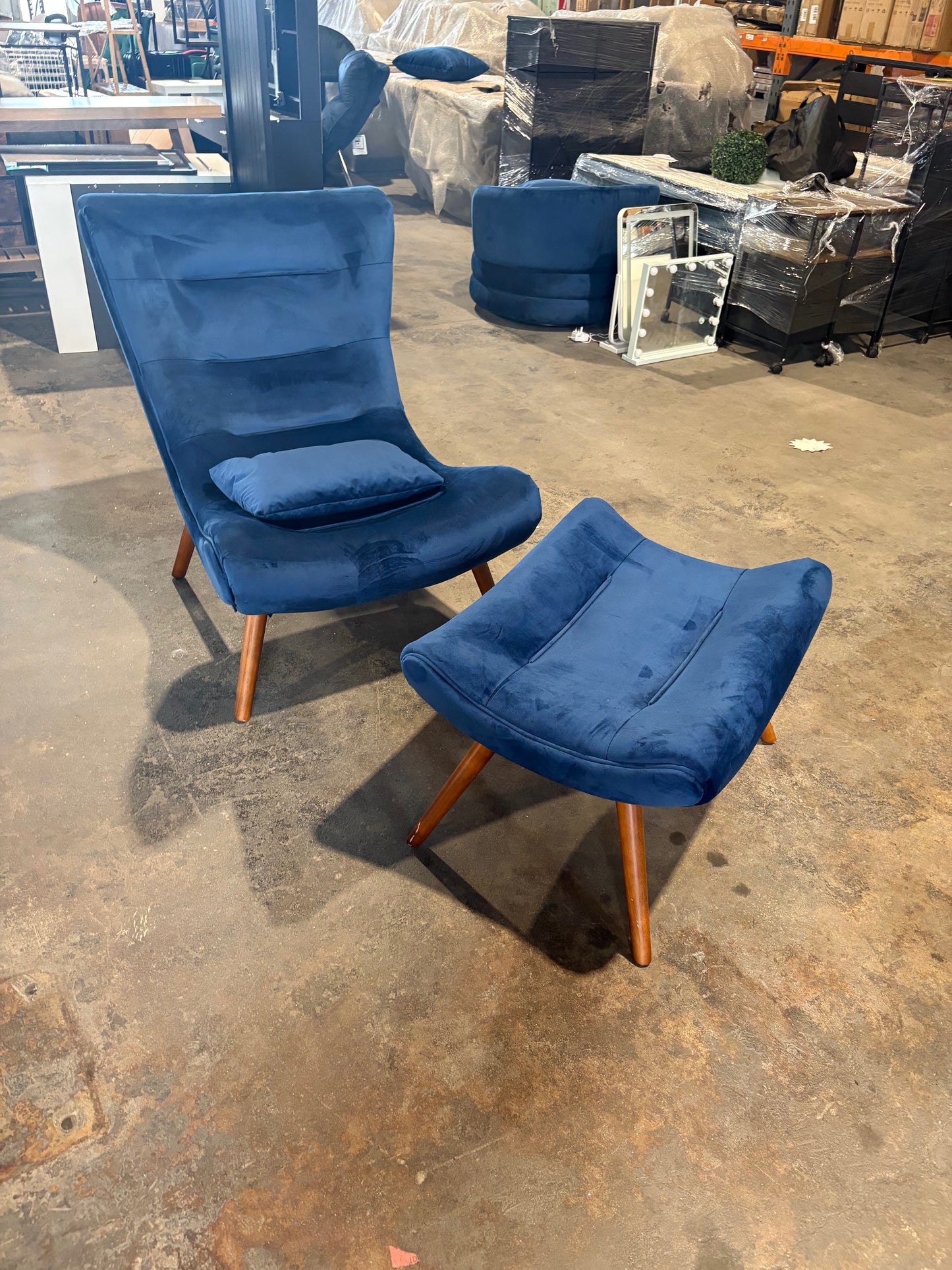 Katia Blue Velvet Accent Chair with Foot Stool