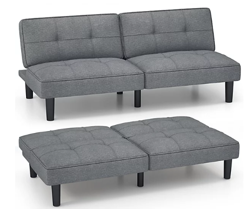 COSTWAY Convertible Folding Futon Sofa Bed Modern Linen Couch Bed w/ Adjustable Backrest-Grey