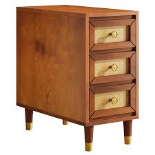 Tribesigns Solid Wood End Table Featuring 3 Drawers with Natural Rattan Insets
