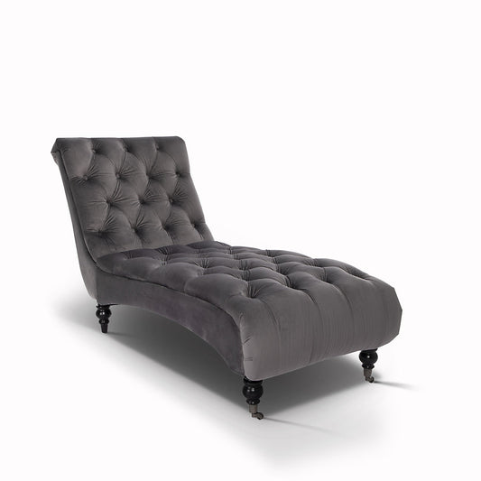 Chaise Longue in Velvet Light Grey Chesterfield